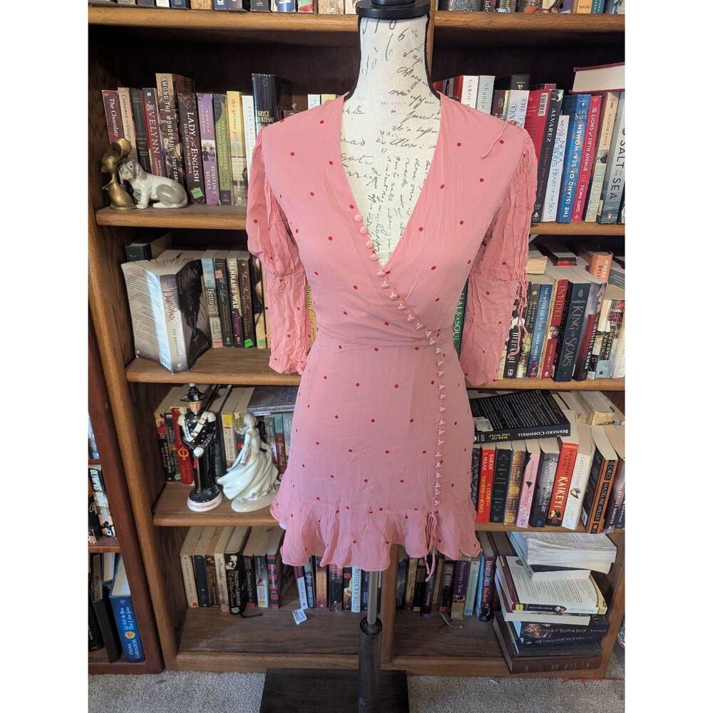 For Love & Lemons Pink Mini Wrap Dress with Red Dot Detail